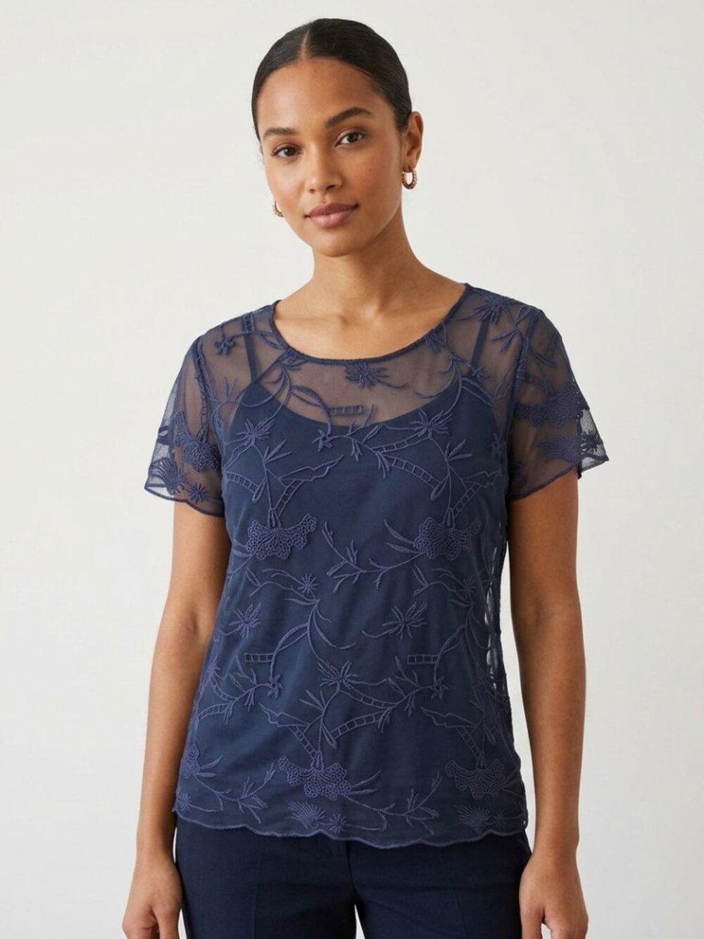 Anthropologie Hem & Thread Sheer Embroidered Blue Top